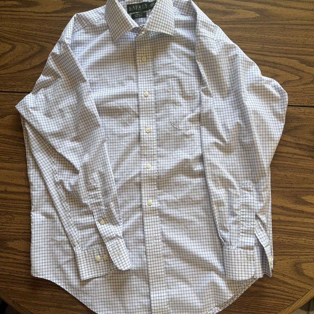 Lauren Ralph Lauren Mens Shirt 16 32/33 Blue White Check Classic Fit Non-Iron